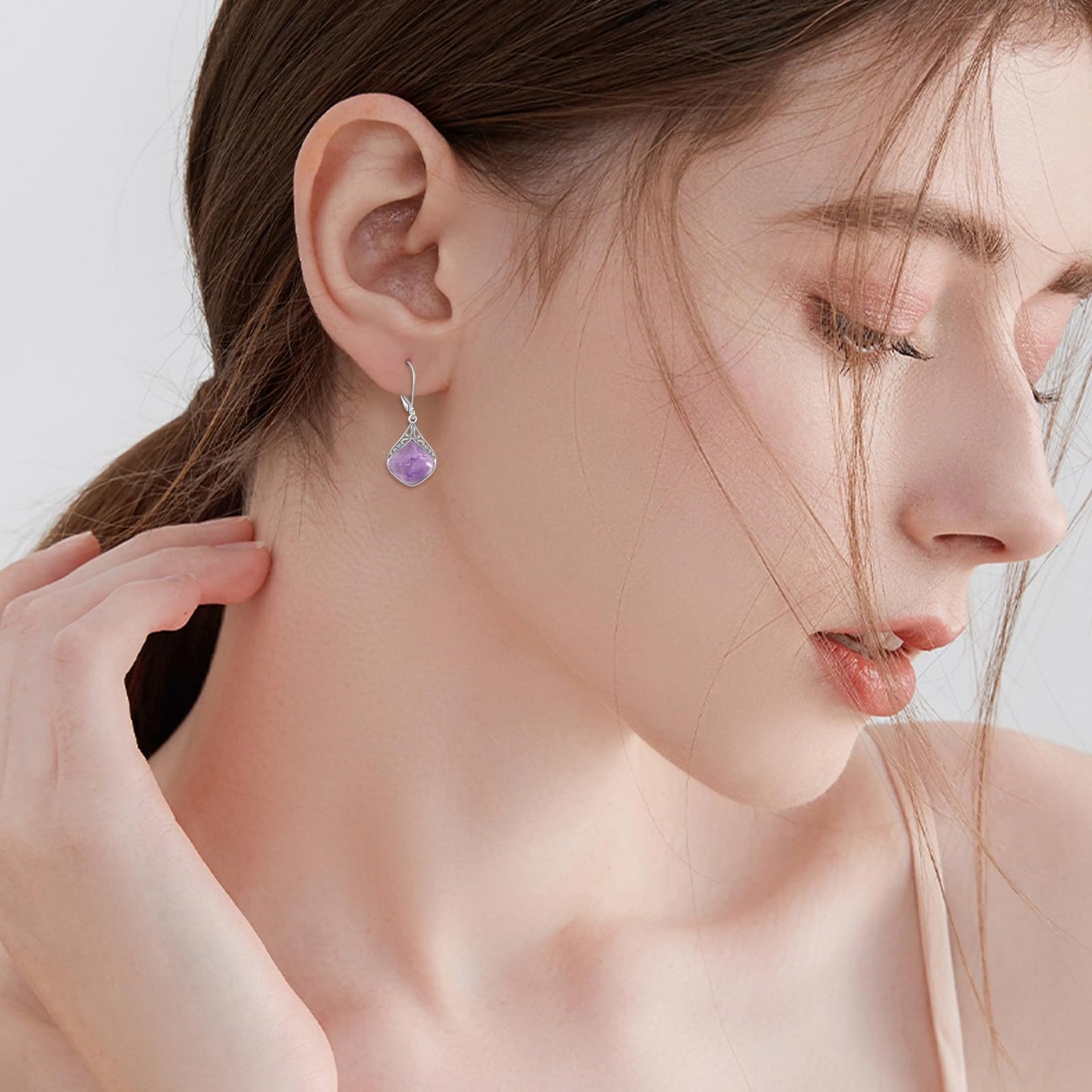 Agate Earrings Sterling Silver Filigree Teardrop Drop Earrings Purple Agate Leverback Earrings Dangles Jewelry Gifts For Women