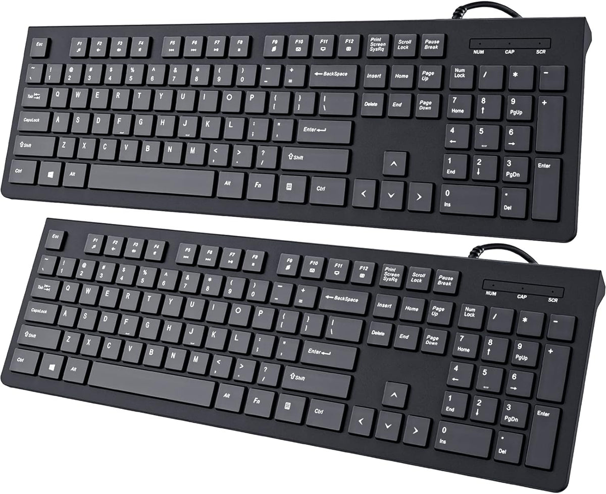 Computer Keyboard Wired, Plug Play USB Keyboard, Low Profile Chiclet Keys, Large Number Pad, Caps Indicators, Foldable Stands, Spill-Resistant, Anti-Wear Letters for PC Laptop (Black, 2-Pack)