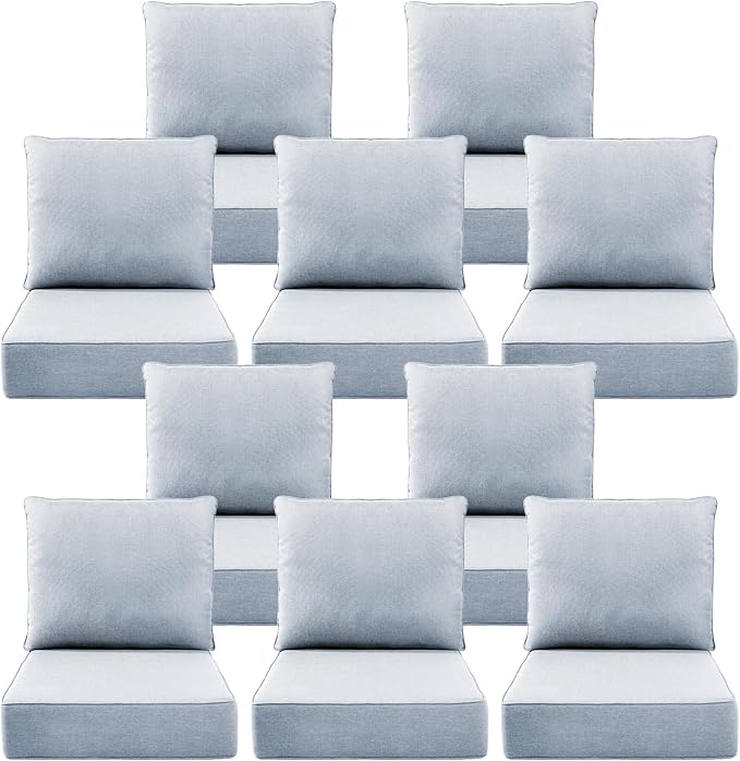 Luxury 6" Outdoor Cushions for Patio Furniture, 24x24x6" Thick Seat Cushion Set of 10, Fade Resistant Couch Chair Replacement Cushions High Density Wicker Chair Cushion w/ Removable Cover Baby Blue
