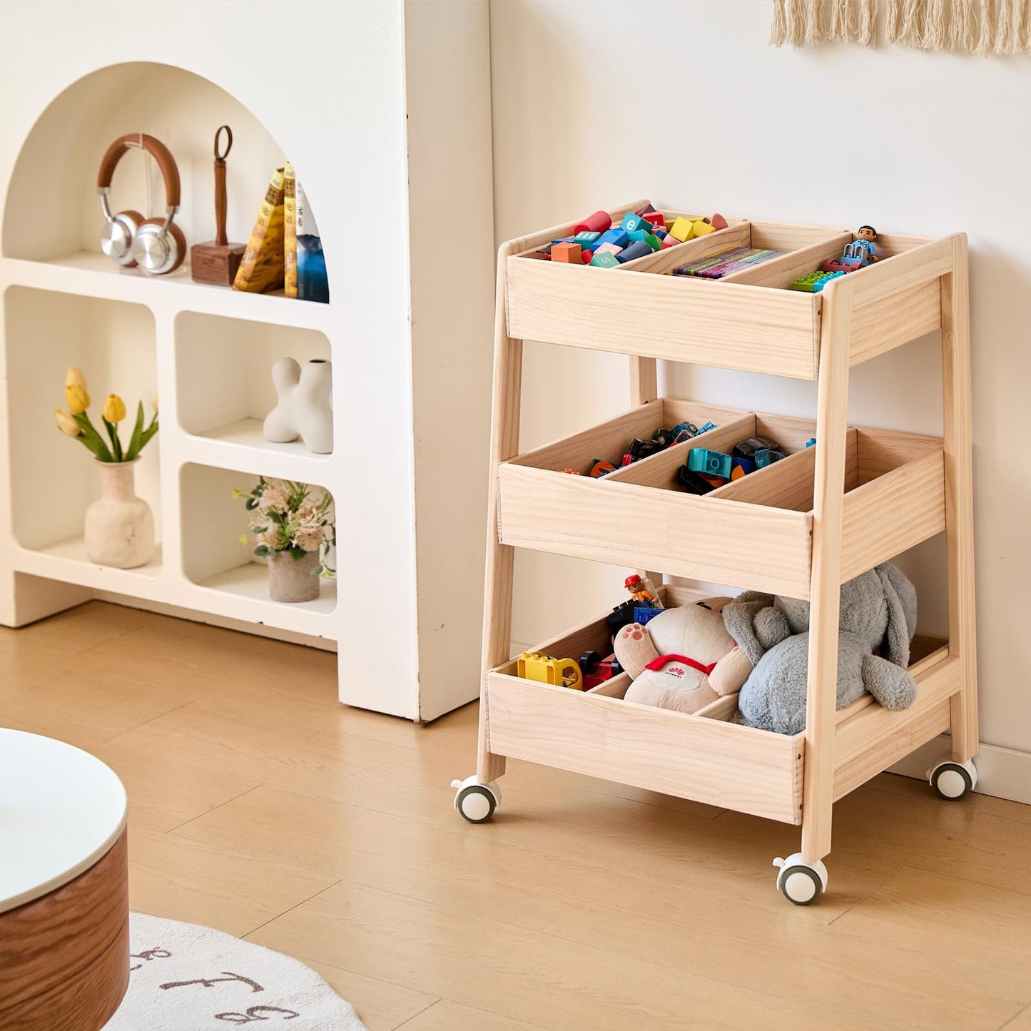 HaoGZMZFCL 3 Tier Wooden Toy Storage Organizer with Wheels for Toy Book Wood Storage Rack Open Display Shelf Kids Gift Natural