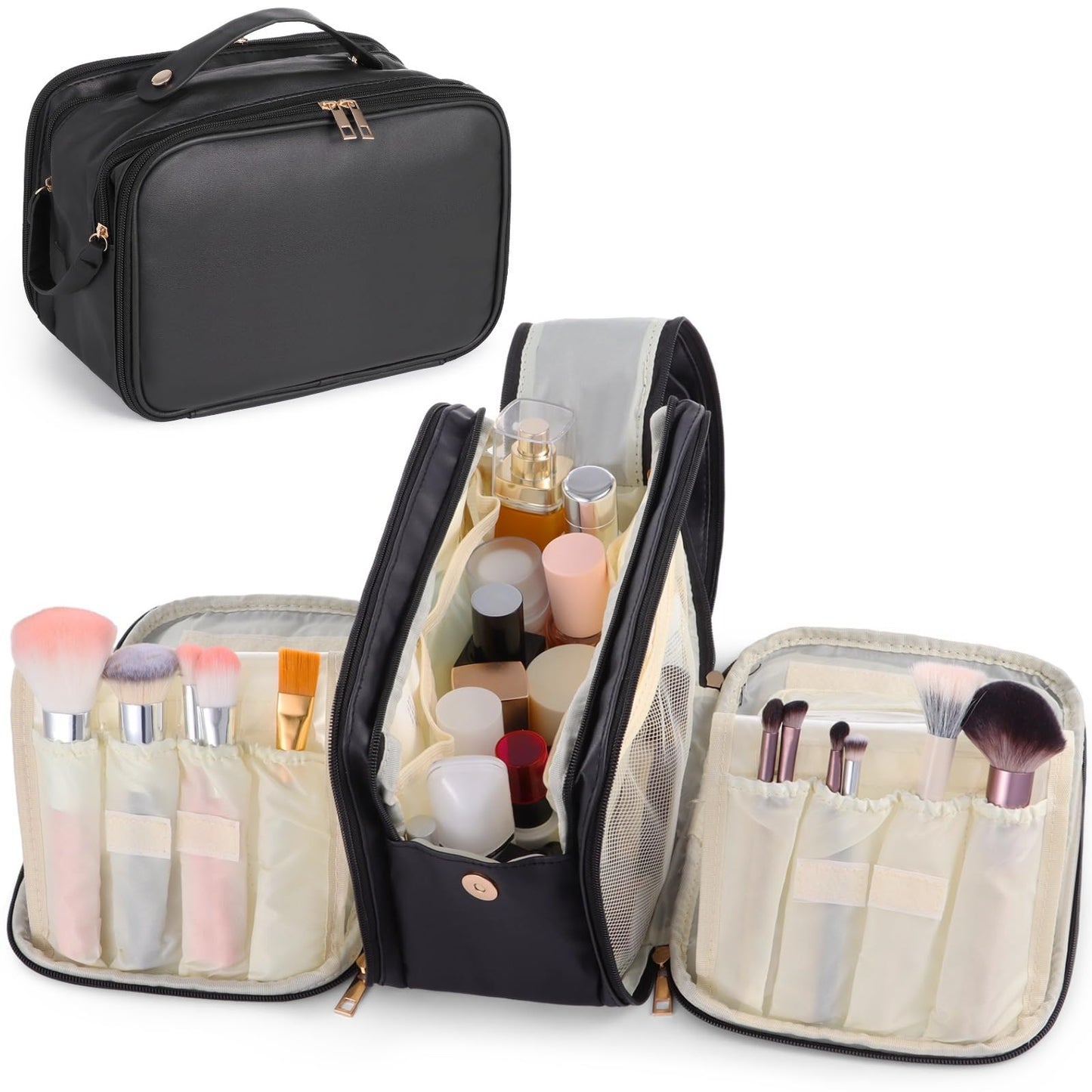 DORMIYA Black Travel Makeup Bag for Women - Large Capacity Cosmetic Organizer, Multi-Layer Toiletry Bag with Handle, Waterproof PU Leather Portable Makeup Zippered Case with Standing Brush Holder