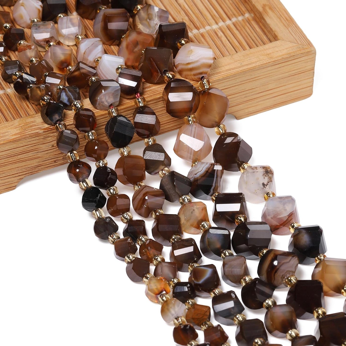 Yochus 42pcs Natural Brown Striped Agate Stone Beads for Bracelet，2strands 6mm Facted Twist Loose Gemstone Beads for Jewelry Making DIY Craft Necklace Earring