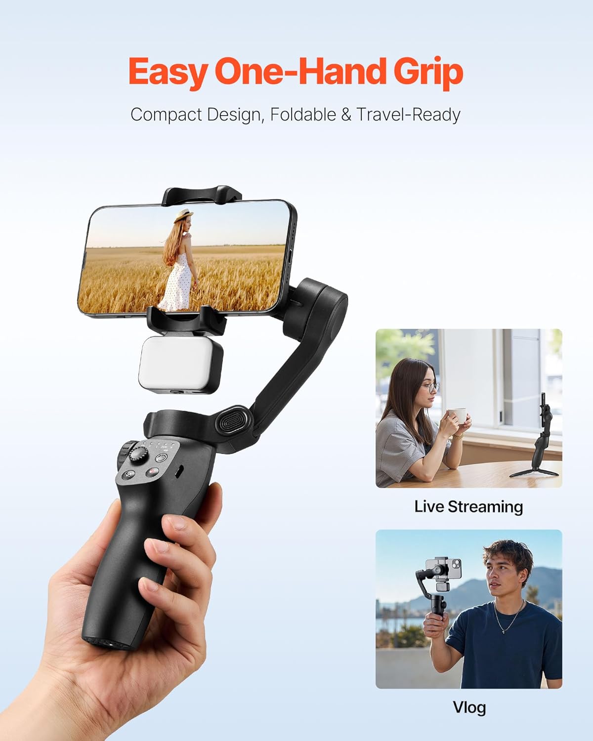 VEVOR Gimbal Stabilizer for Smartphone, 3-Axis Stabilization, Phone Gimbal for Android & iPhone with Magnetic Fill Light, Face Tracking, Gesture Control, Phone Stabilizer for Video Recording Vlogging