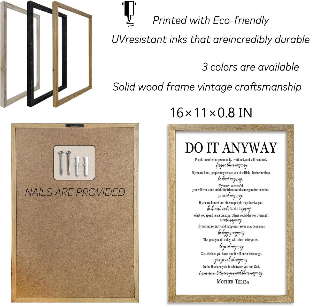Do It Anyway Mother Teresa Wall Art Decor 16x11 Inch Wooden Framed Wall Hanging Sign (Wood)