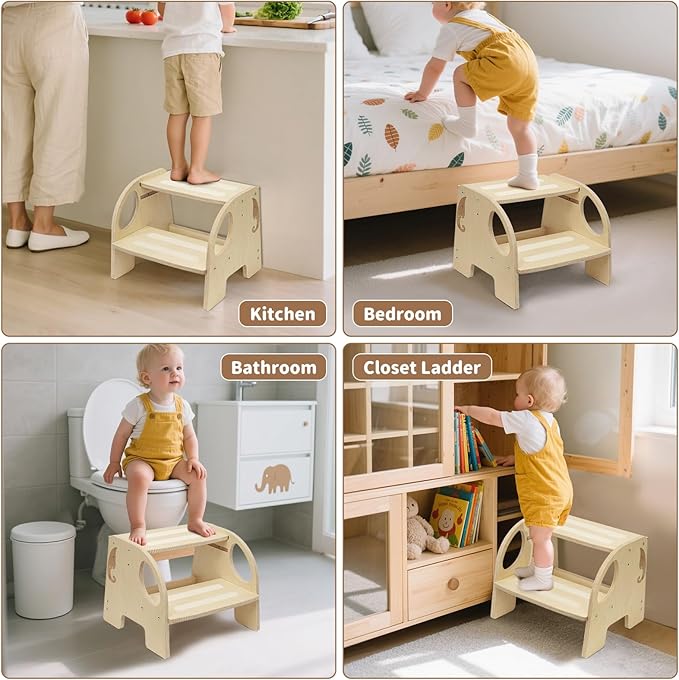 Wooden Toddler Step Stool - Height-Adjustable Non-Slip 2-Step Stool for Kids, Potty Training for Bathroom Sink, Kitchen & Bedroom, 200 lbs Capacity - Sturdy, Safe and Durable