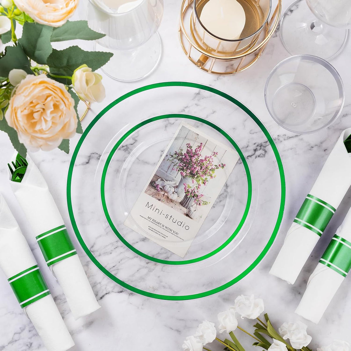 Goodluck 350 Piece Green Plastic Dinnerware Set for Party, Clear Disposable Plates for 50 Guests, Include: 50 Dinner Plates, 50 Dessert Plates, 50 Pre Rolled Napkins with Cutlery Set, 50 Cups
