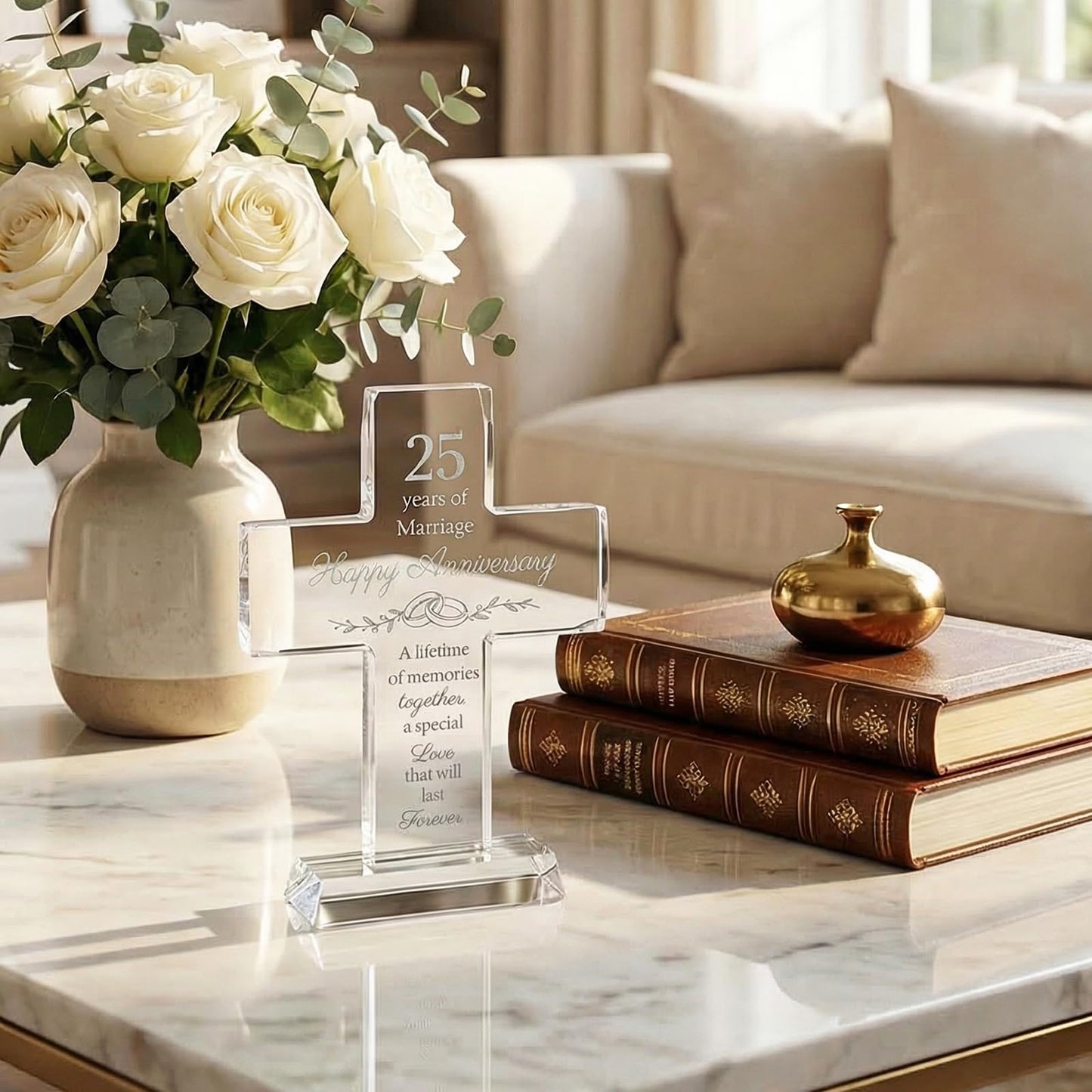 25th Wedding Anniversary for Couple Gifts, Religious Standing Cross Crystal with Wedding Keepsake Box, Laser Engraved 25 Year Anniversary Romantic Gift for Decorations, Couple, Her, Him
