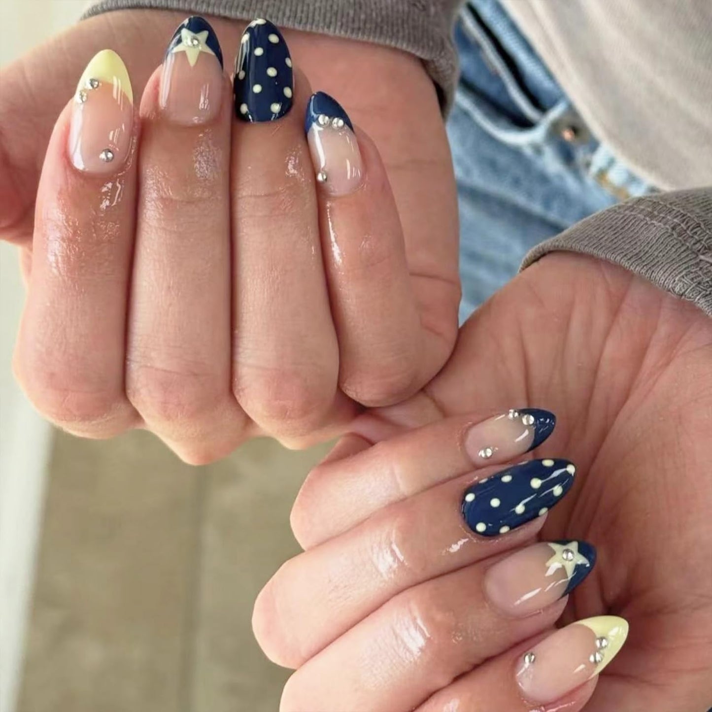 octoswave Press on Nails Long Almond Shape Star and Polka Dot Design Celestial Navy Blue French Tip False Nails for Women Party and Prom Night 24 Pcs