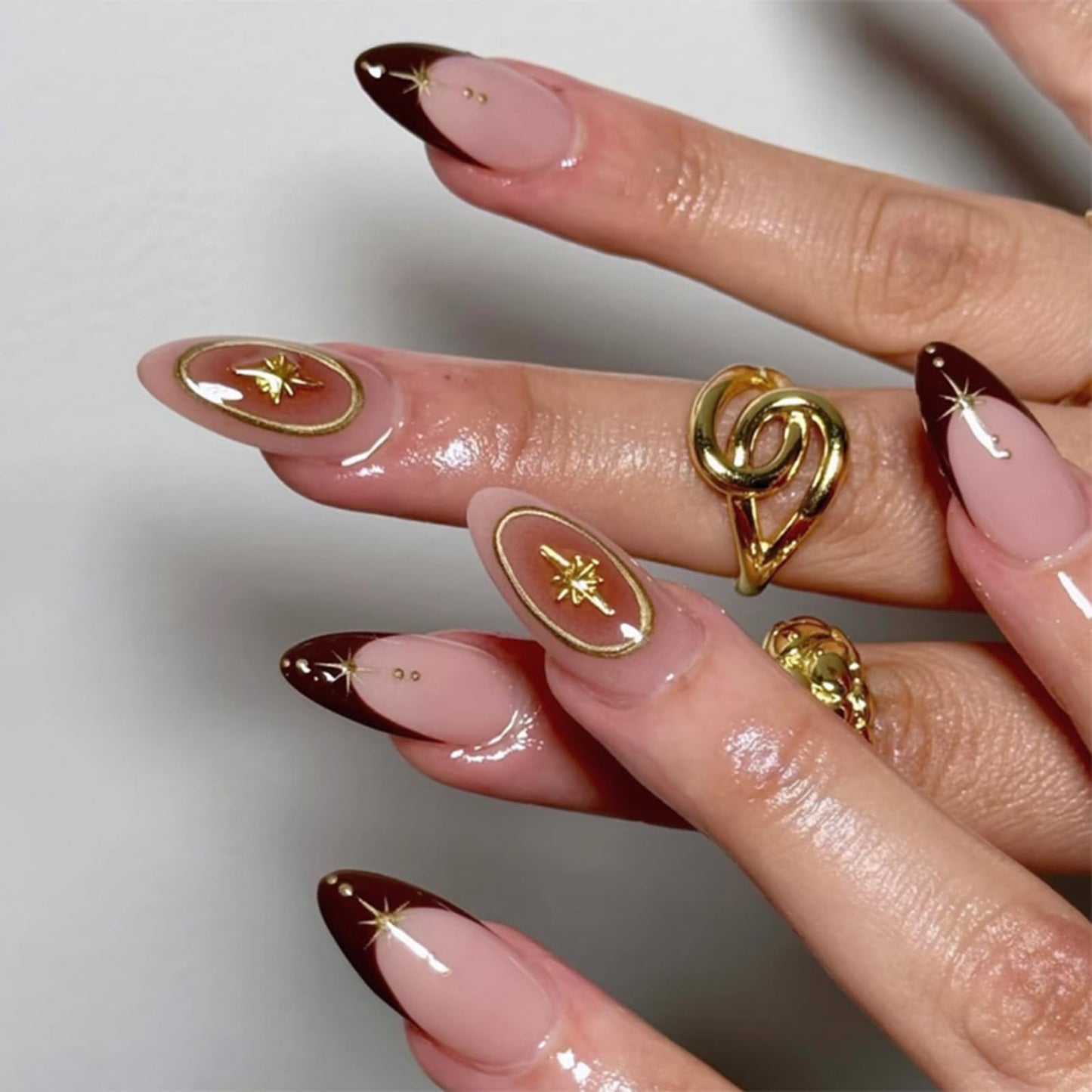 Mivota Medium Press On Nails Almond– 3D Gold Star Accent Brown French Tips, 24Pcs Reusable Acrylic Fake Nails, Glossy Stick On Nails with Designer Details, DIY Manicure Kit with Glue & Tools for Women