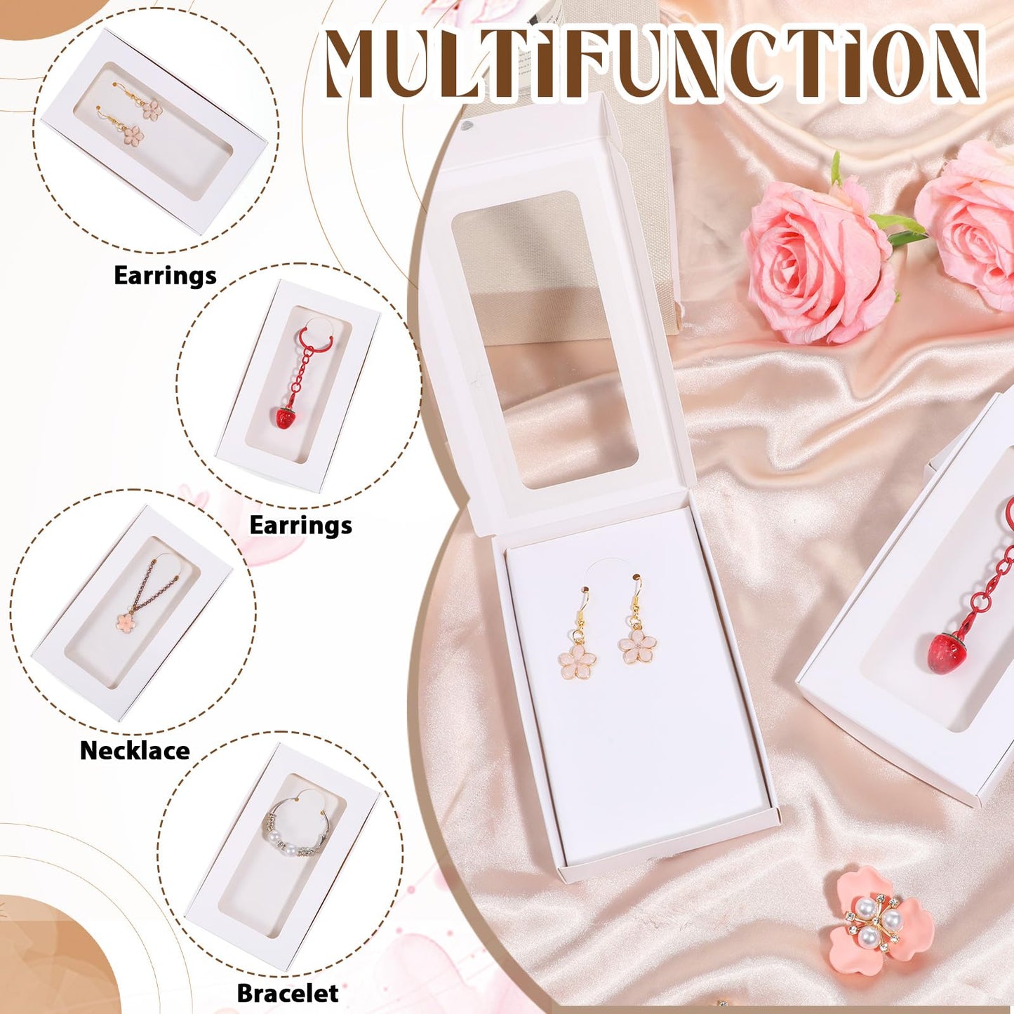 HANLANXUE 100 Pack Mini Jewelry Packaging Boxes with Clear Windows, 5.4"x3.4"x0.7" Paper Necklace Gift Box with Sticker Small Gift Boxes Bulk for Displaying Necklaces Rings Bracelets Earrings (White)