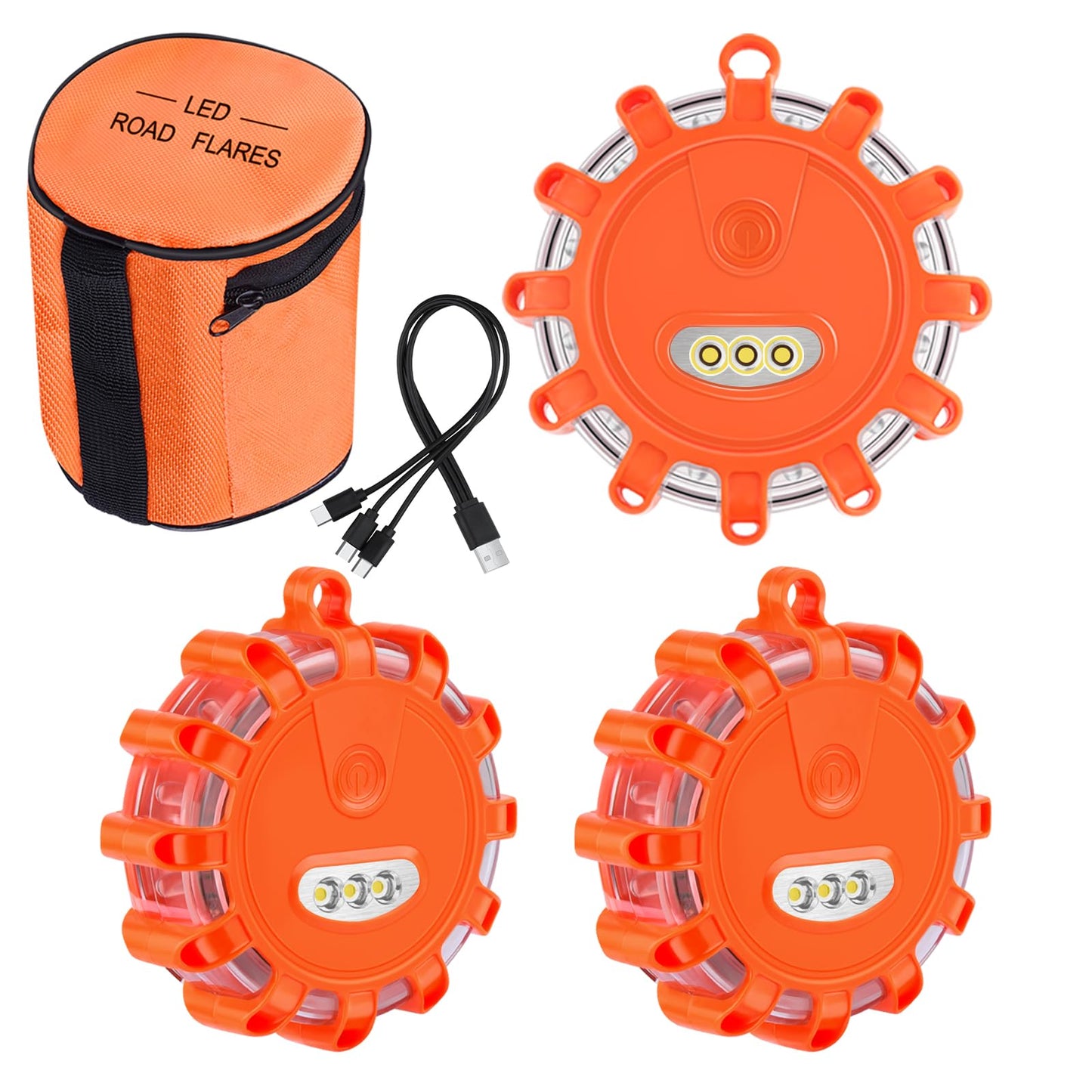 VANCLE USB C Rechargeable LED Road Flares Emergency Lights Roadside Warning Car Traffic Safety Beacon Flashing Disc Flare Kit Strobe with Magnetic Base for Construction Vehicles Truck Boat, 3 Pack