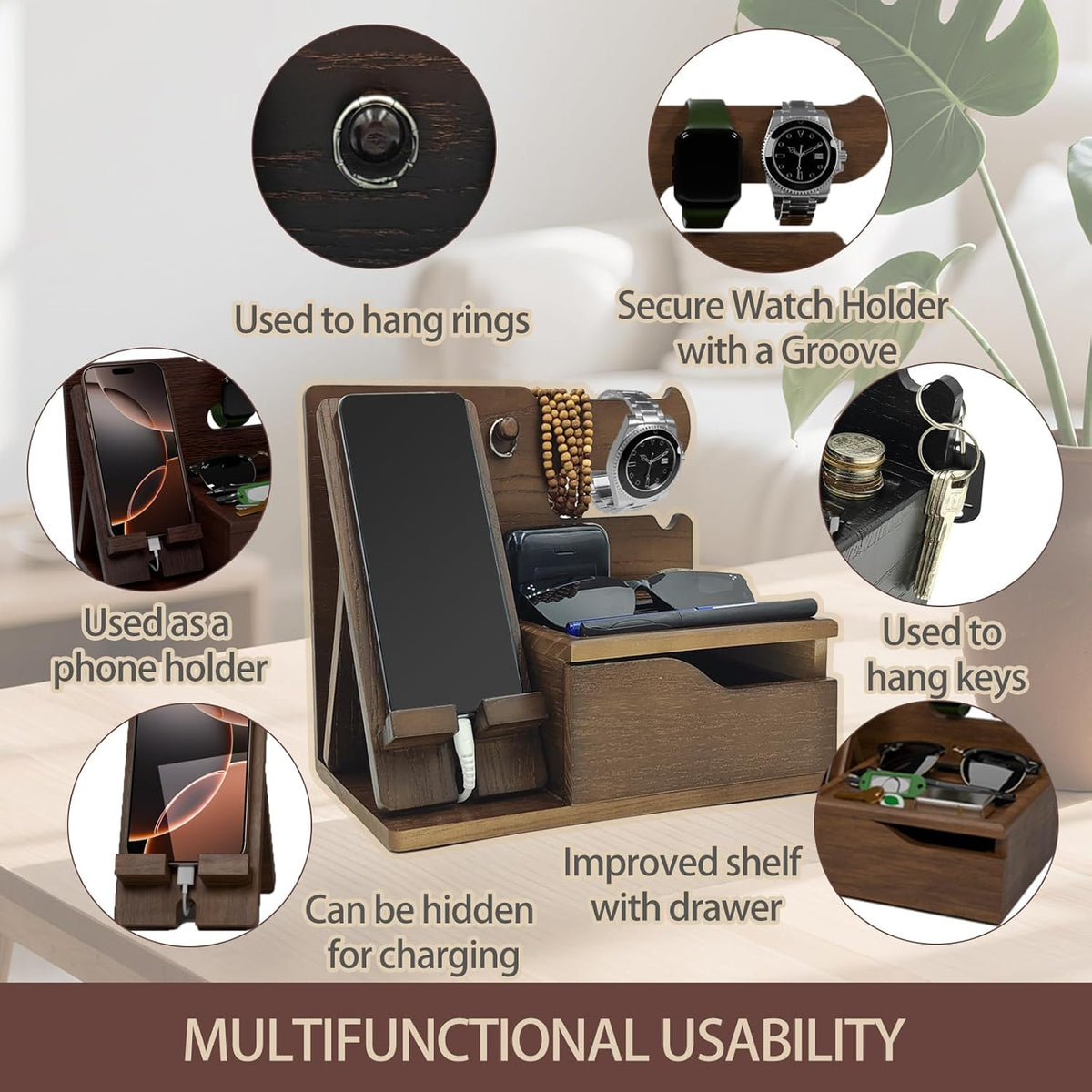 3-in-1 Wood Phone Docking Station Organizer with Drawer & Hidden Charging Hole for Phone, Keys, Glasses & Accessories, for Men (WALNUT, 01)