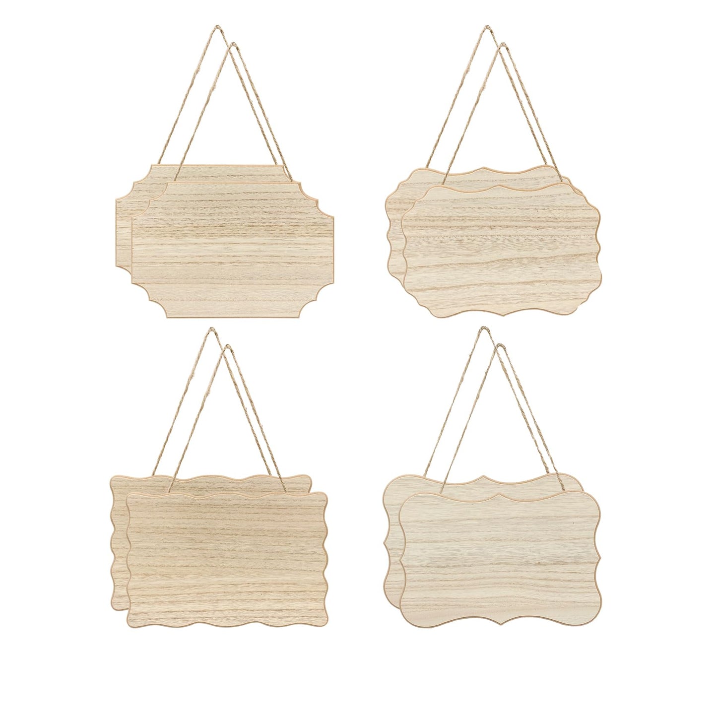 8 Pack Unfinished Wood Signs with Jute Hanging Unpainted Wooden Plaques for Homemade Crafts 4 Styles Assorted (6 x 9 in)