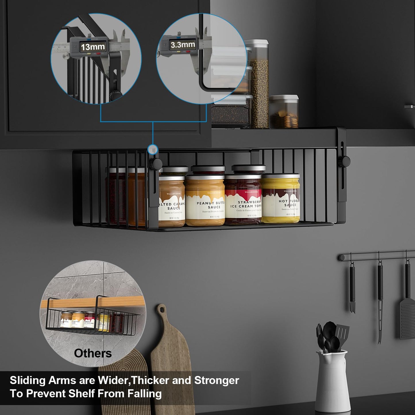 AmonHouseware 2Pack Under Shelf Basket Organizer,Adjustable Hanging Holder Storage for Cabinet Pantry Kitchen Cupboard Desk Counter Bookshelf Organization Add-on Space Saver Heavy Duty Slide-in,Black