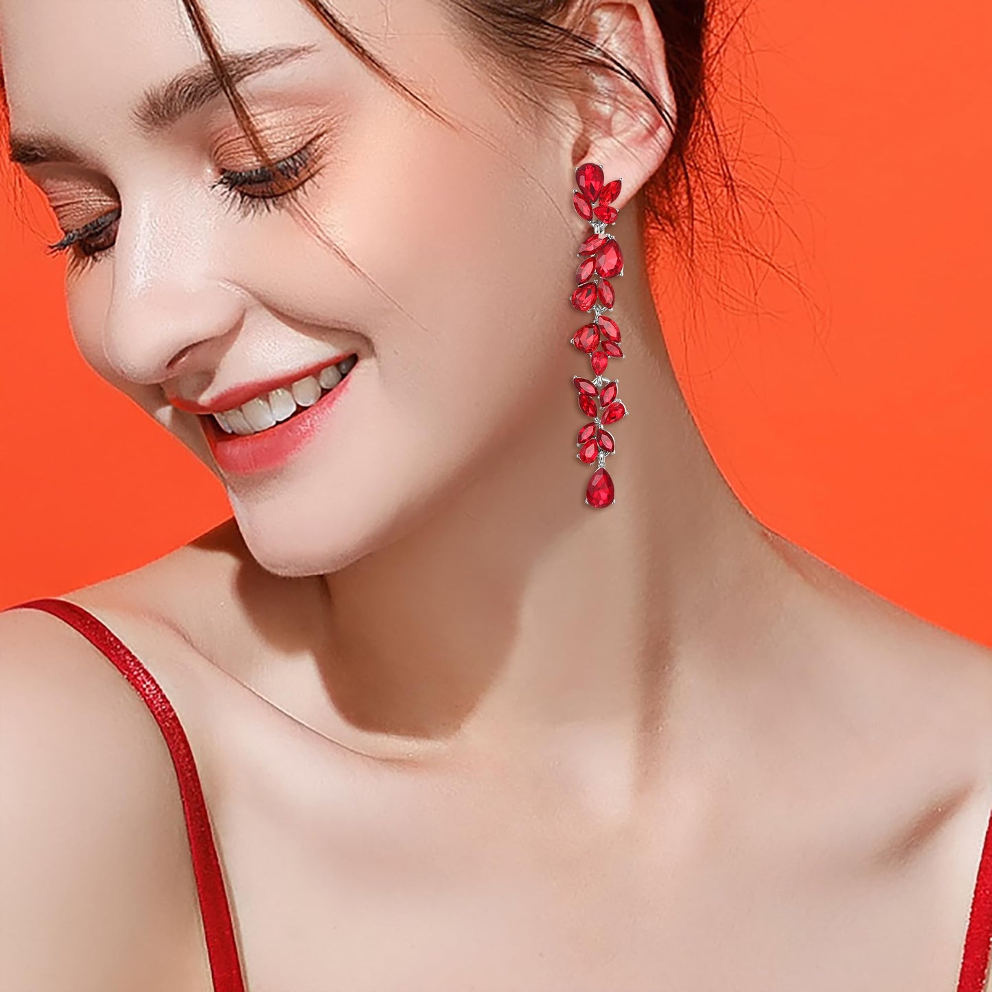 EVER FAITH Wedding Rhinestone Crystal Chandelier Dangle Earring for Women Brides, Art Deco Marquise Teardrop Bridal Long Drop Earrings for Prom Red Silver-Plated-Base