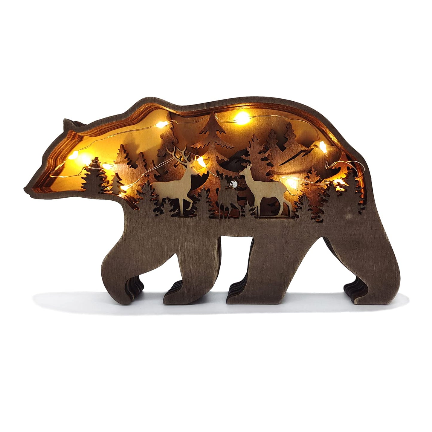 Zagxuade Wooden Brown Bear Decor with Light, Forest Animals Table Decor, Wooden Knick Knacks Decorations for Home