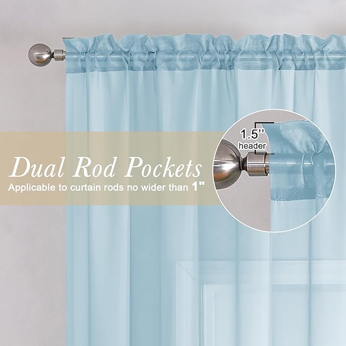 Lecloud Light Blue Sheer Curtains 84 Inches Long 2 Panels, Light Filtering Solid Voile Curtains for Living Room Bedroom, Dual Rod Pocket Gauzy Farmhouse Window Treatments, 40 W x 84 L Inch, Sky Blue