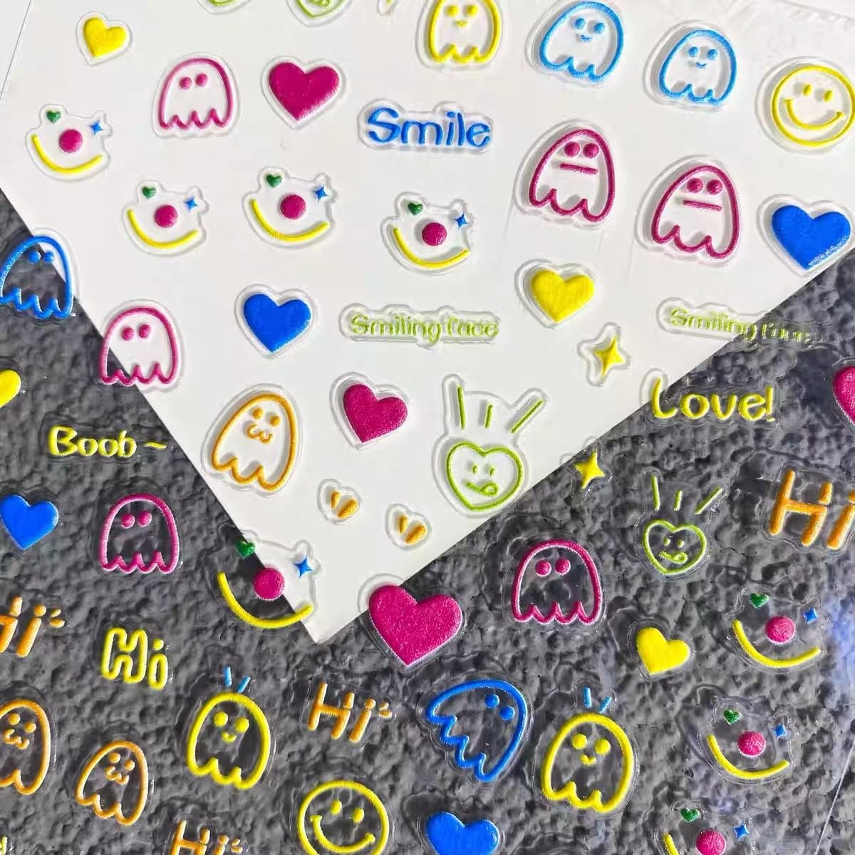Dedyel Cute Face Nail Stickers 5D Embossed Simple Graffiti Self-Adhesive Stickers for Nail Art Decoration for Men Women Couples