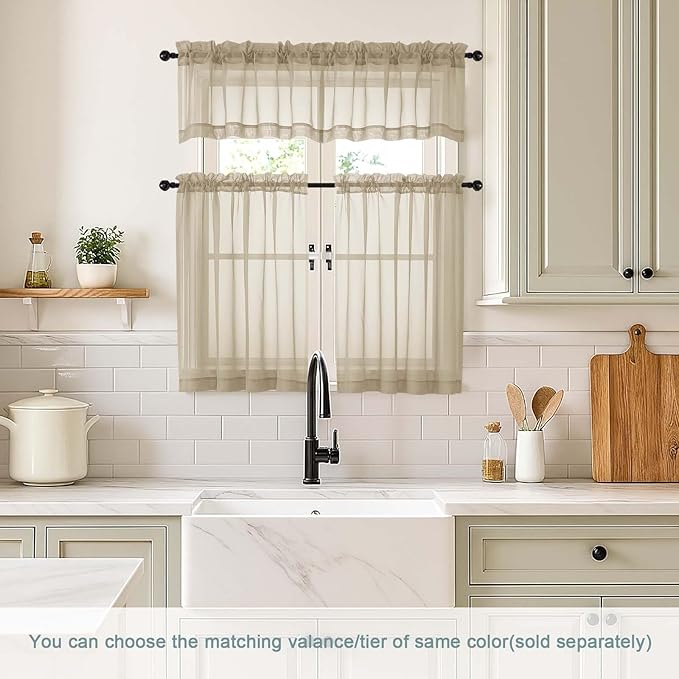 Taupe Small Sheer Curtains Tier 24 Inches Length 2 Pieces, Light Filtering Cafe Curtains Sheers for Living Room Bathroom, Modern Window Treatments Dual Rod Pocket Panels, 2X42Wx24L Inches