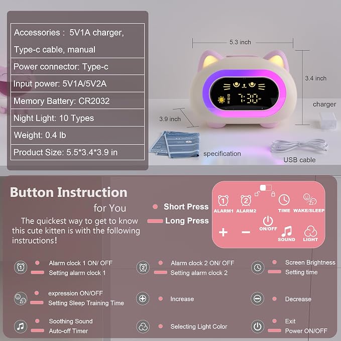 ANALOI Alarm Clock for Kids, Kids Alarm Clocks for Girls with Sleep Training Dual Alarm Eye Protection Auto Off Timer 10 Color Night Light, Cat Ok to Wake Clock, Gifts for Kids Girls