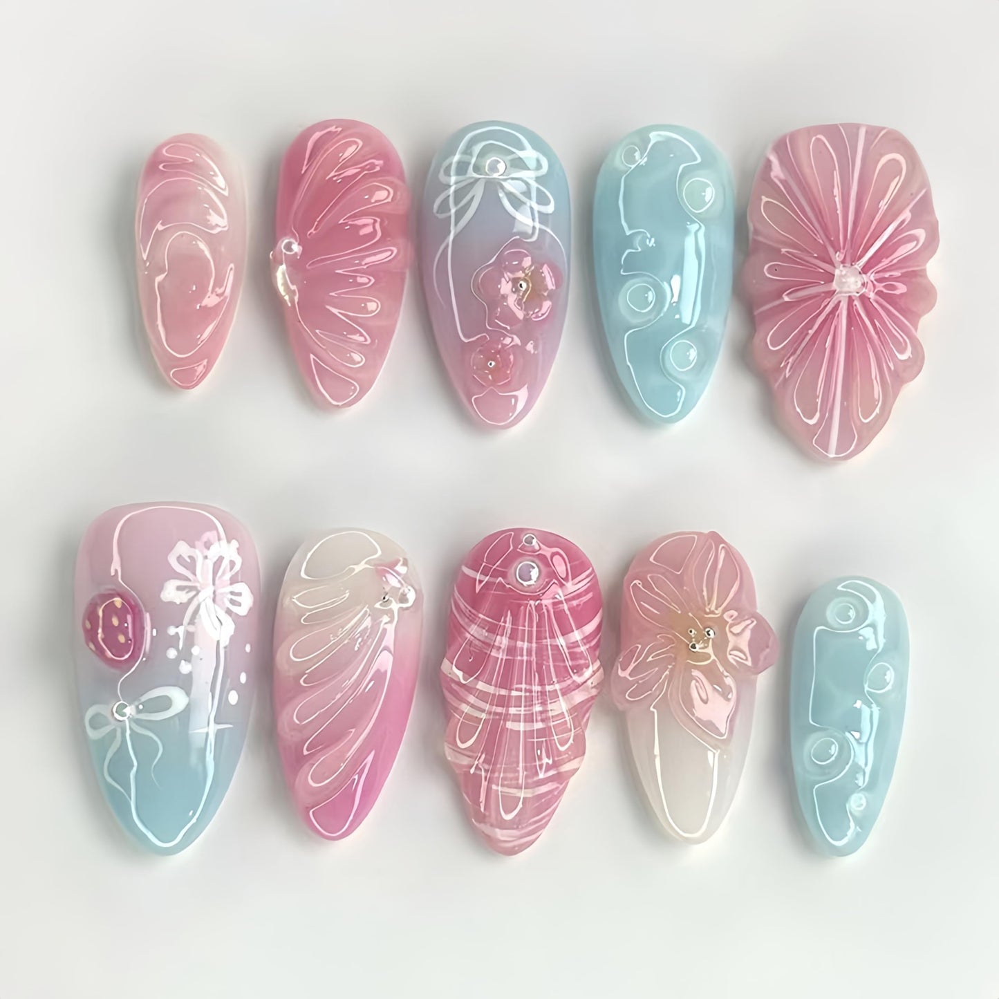 24Pcs Pink Blue Gradient Press On Nails Medium Almond Fake Nails 3D Ripple Bow Pearl Design Stick on Nails White Hibiscus Bow Strawberry Beach Waves False Nails Cute Floral Acrylic Nails for Women