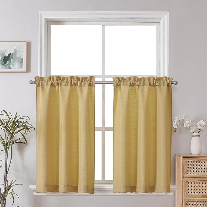 Chyhomenyc 24 Inch Length Gold Faux Linen Textured Small Cafe Curtains, Light Filtering Short Camper Curtains for RV Window Bathroom, 30x24 Inch, 2PCS