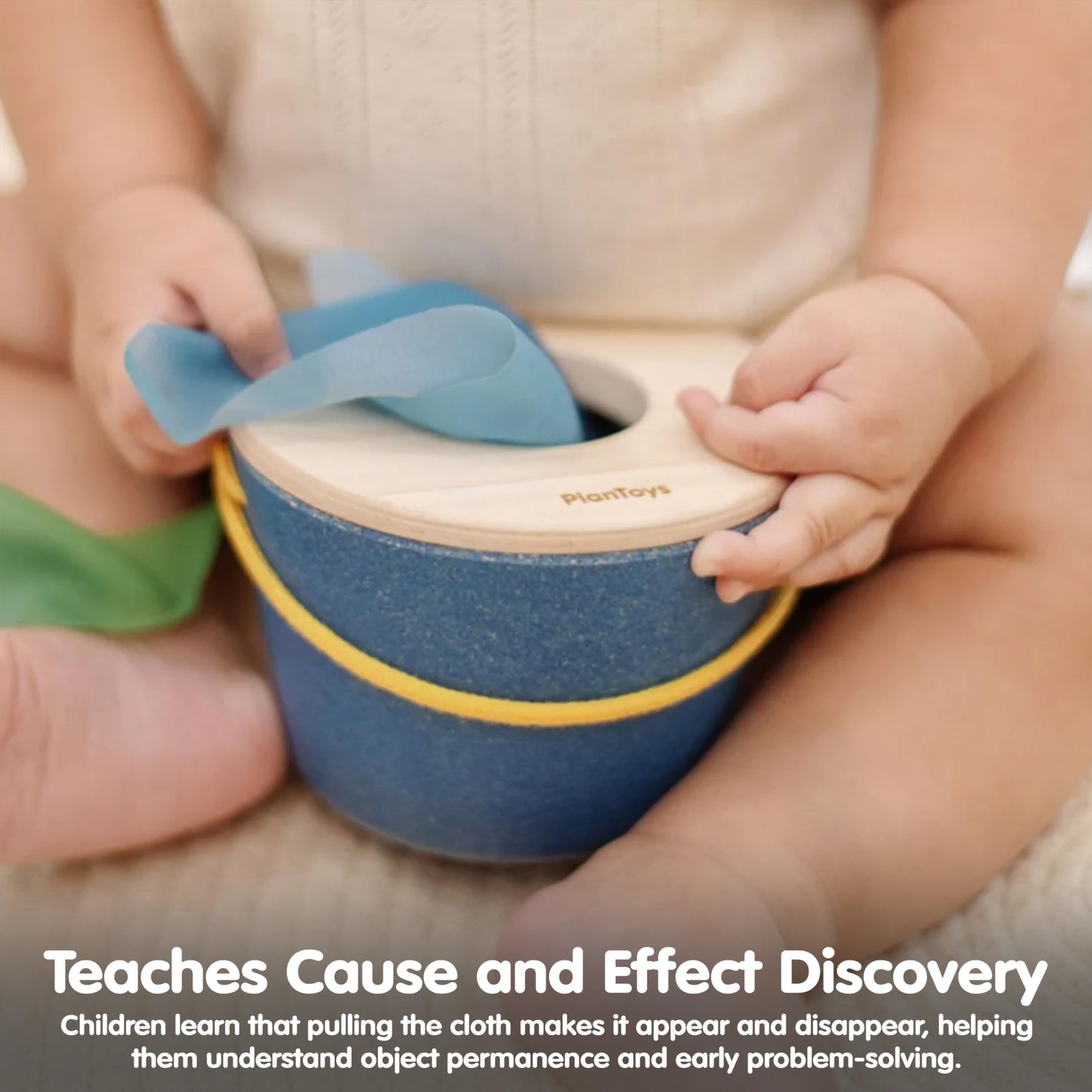 PlanToys® Wooden Baby Tissue Box Toy for Infants & Toddlers | Fine Motor Skill Activity with Cloth Pieces | Object Permanence Learning Toy | Montessori Sensory Educational Gift