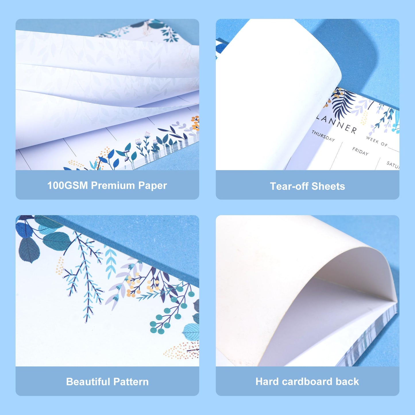 Weekly Planner Notepad Tear Off Set of 2 Weekly Calendar Pad 52 Undated To Do List Notepad Sheets Desk Planner Planning Pads Productivity Tracker for Work Goals Notes Schedule Ideas, Floral Blue