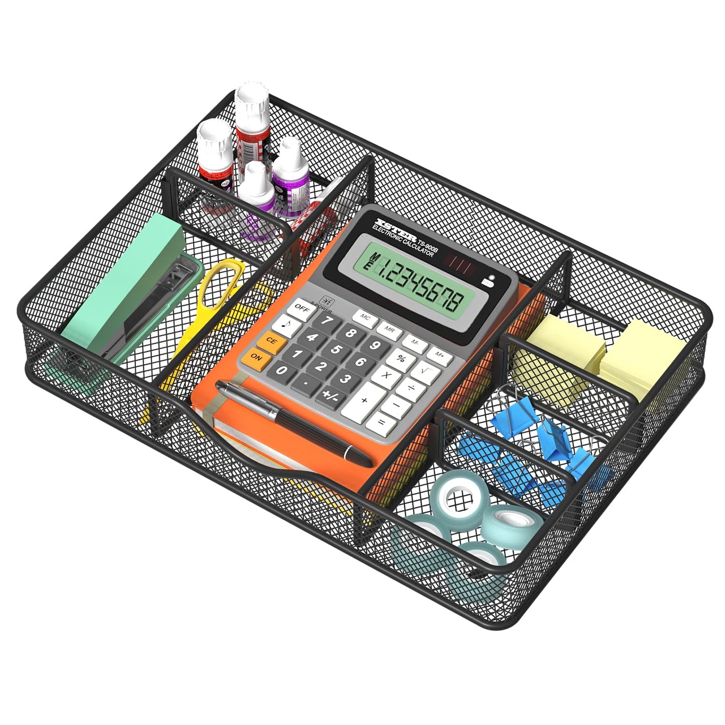 VyGrow Desk Drawer Organizer, Metal Mesh Drawer Organizer Tray with 6 Adjustable Compartment, Tray Organizer for Desktop, Kitchen, Bathroom, Makeup, Vanity - 14.5x8.8x1.96 inch, Black, 1PC Large