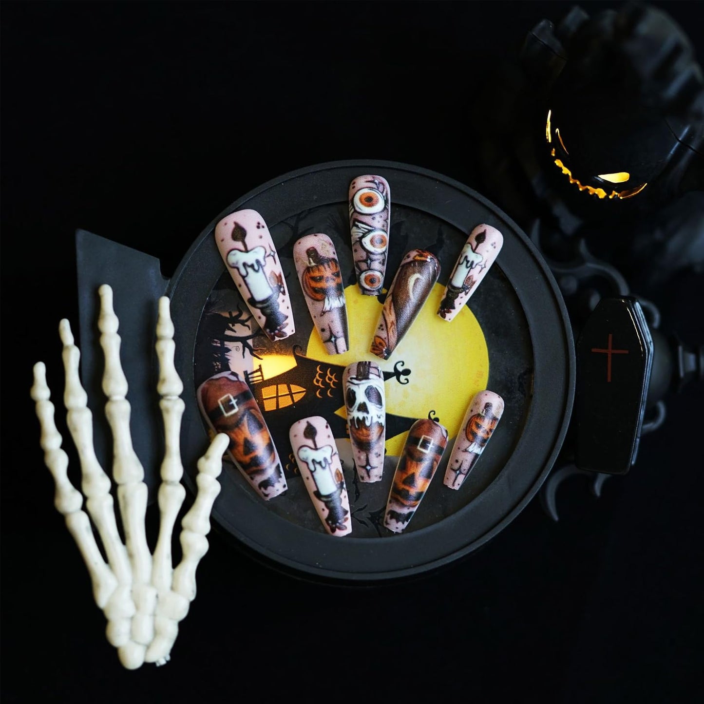 IMSOHOT Press on Nails Long Coffin Fake Nails Matte Nude False Nails with Pumpkin Skull Designs Acrylic Ballerina Glue Stick on Nails for Women 24Pcs