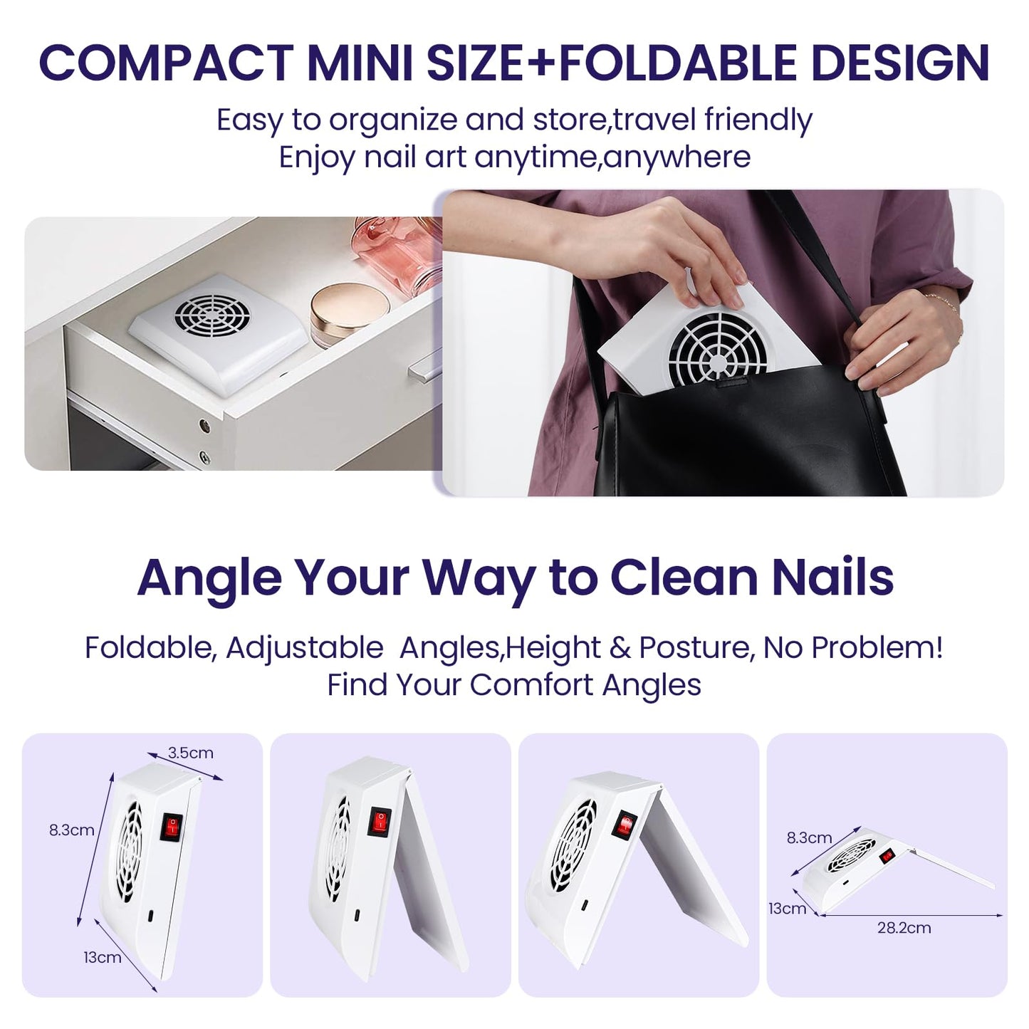 Nail Dust Collector Small Mini: Foldable 600PA Strong Suction Low Noise Quiet - Nail Fan Dust Collector Vent for Nail Art