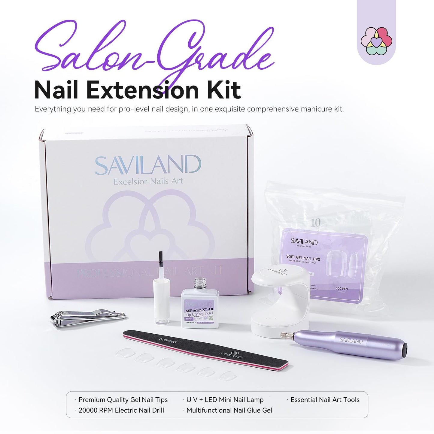 SAVILAND Gel Nail Kit: 500 Pcs Extra Short Square Nail Tips with Drill Kit 30-Day Strong Hold Gel Nail Tips X 12 Sizes Fake Nails with Glue & Nail Lamp For Beginners DIY At Home Nail Kit Gift