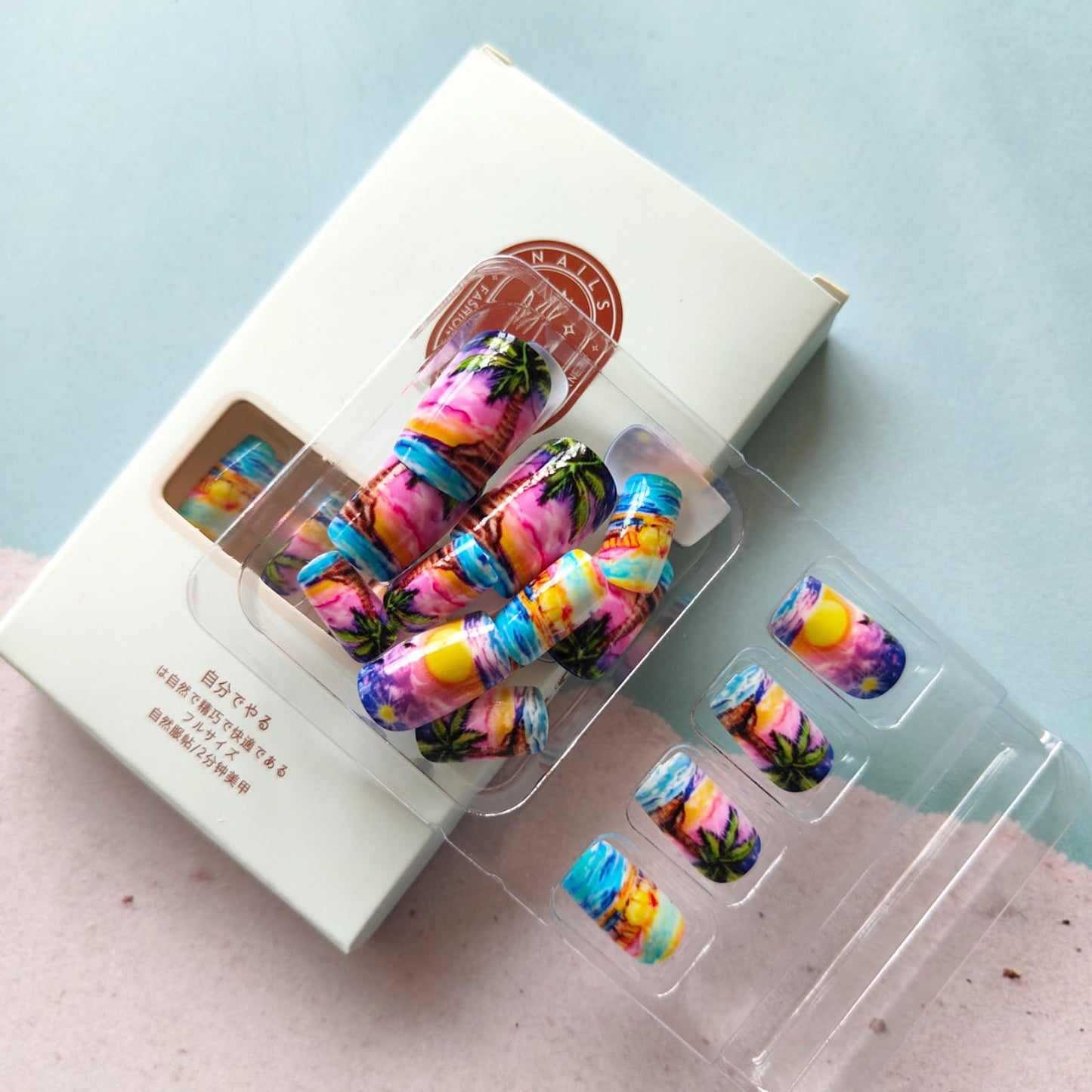 24Pcs Summer Press on Nails Sea Waves & Sunset Design Fake Nails Coconut Tree False Nails Short Square Glue on Nails Acrylic Full Cover Stick on Nails for Women Summer Beach Manicure