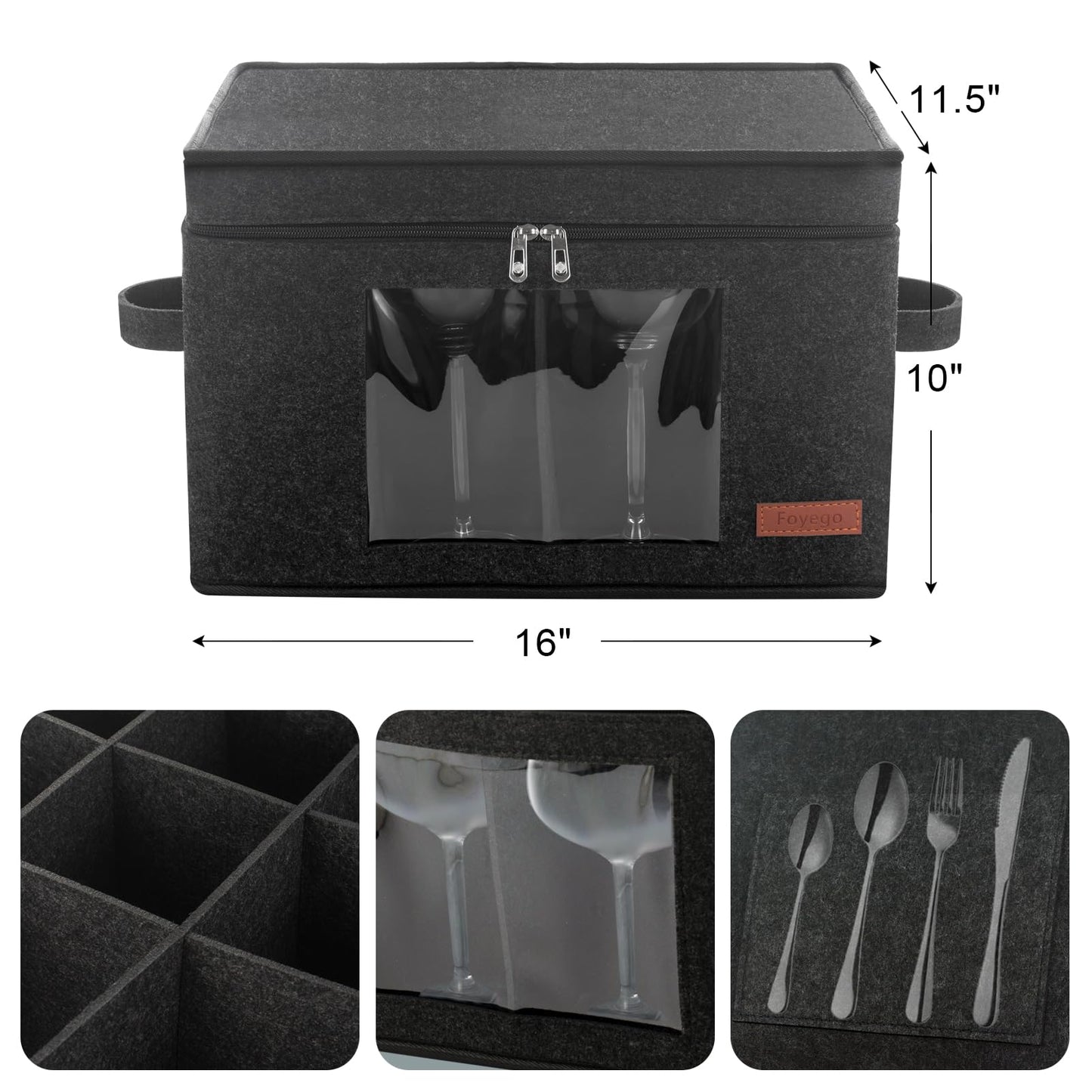 Foyego 2 Pack Wine Glass Storage Box with Dividers, Stemware Storage Containers for Packing and Moving, China Storage Containers Box for 12 Crystal Glassware, Wine Glasses, Drinkware,Dark Gray