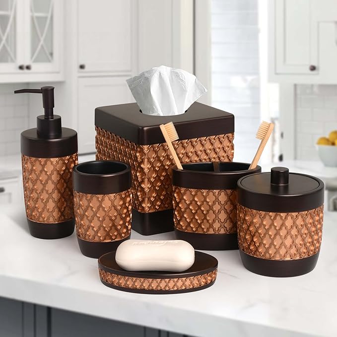 6-Piece Bathroom Accessories Set – Soap Dispenser, Toothbrush Holder, Tumbler, Soap Dish, Cotton Swab Jar & Toilet Brush – Modern Bathroom Decor Set (Wally)