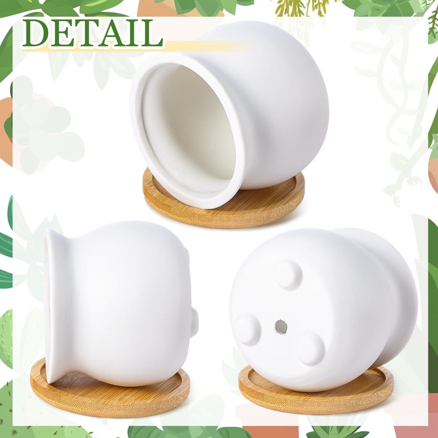 Remerry 6 Pcs 3.5 Inch Mini Succulent Pots with Bamboo Tray White Ceramic Pots Color Your Own DIY Small Planters Containers for Flower Cactus with Drainage Hole for Plant Lover