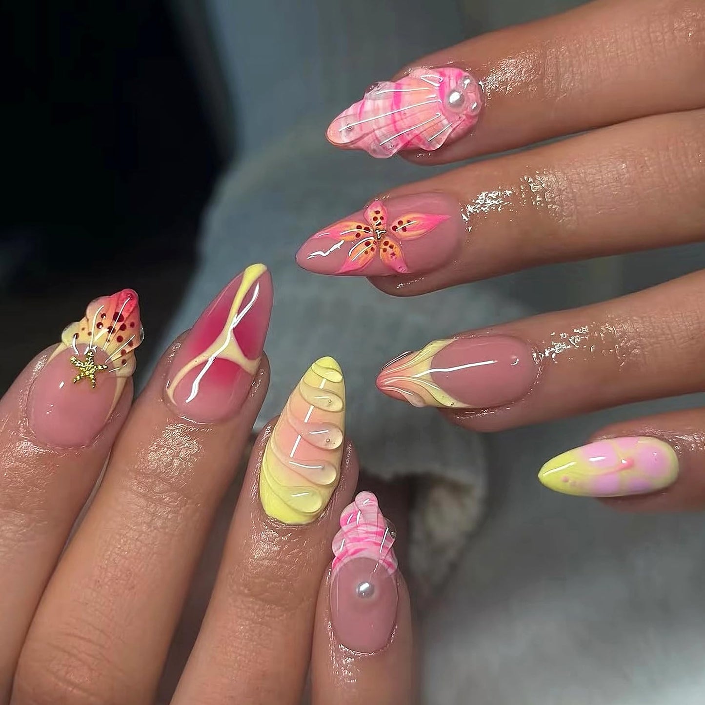 MISUD Press on Nails - Medium Almond Fake Nails with Summer Beach Acrylic Handmade 3D Flower Design 24 pcs