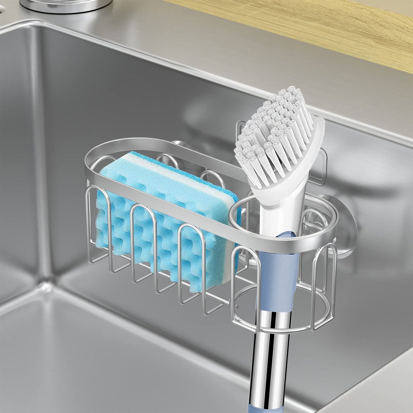 Yazoni 2-in-1 Sponge Holder for Kitchen Sink, Sink Caddy Kitchen Sink Organizer with 3 Suction Cups, No Drill Rustproof Sink Sponge Holder for Dish Brush, Soap & Sponge (Silver)