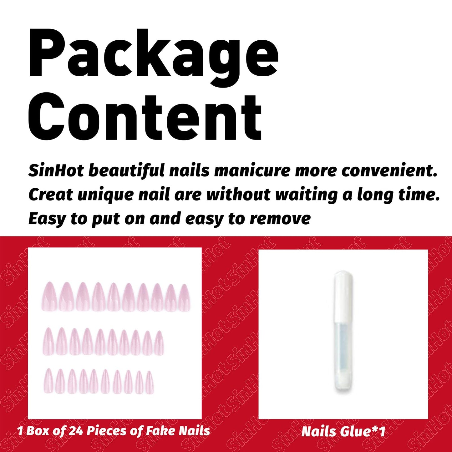SINHOT Stiletto Press on Nails - Long, Glossy Glue on Nails with Cat Eye Design, Almond Shape, Nude Pink Color - 24 pcs