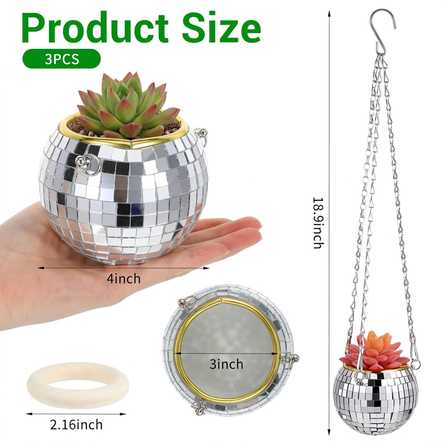 Ubamdom 3 Pcs Hanging Disco Ball Planter, Sliver Disco Mirror Ball Planter with Chain, Home Boho Hanging Planter for Indoor Outdoor Plants, 4Inch