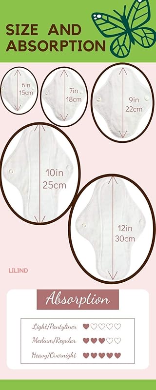 Lilind® 6 Pack Everyday Pantyliners, Organic Cloth Pads, Reusable Menstrual Sanitary Napkins, 100% Cotton, Random Flowers