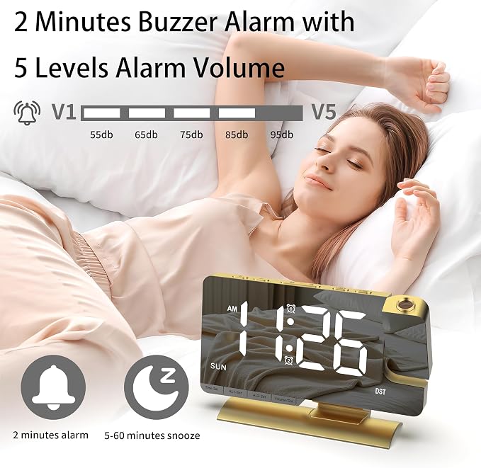 Projection Alarm Clock for Bedroom Ceiling, Gold Digital Clock Room Decor