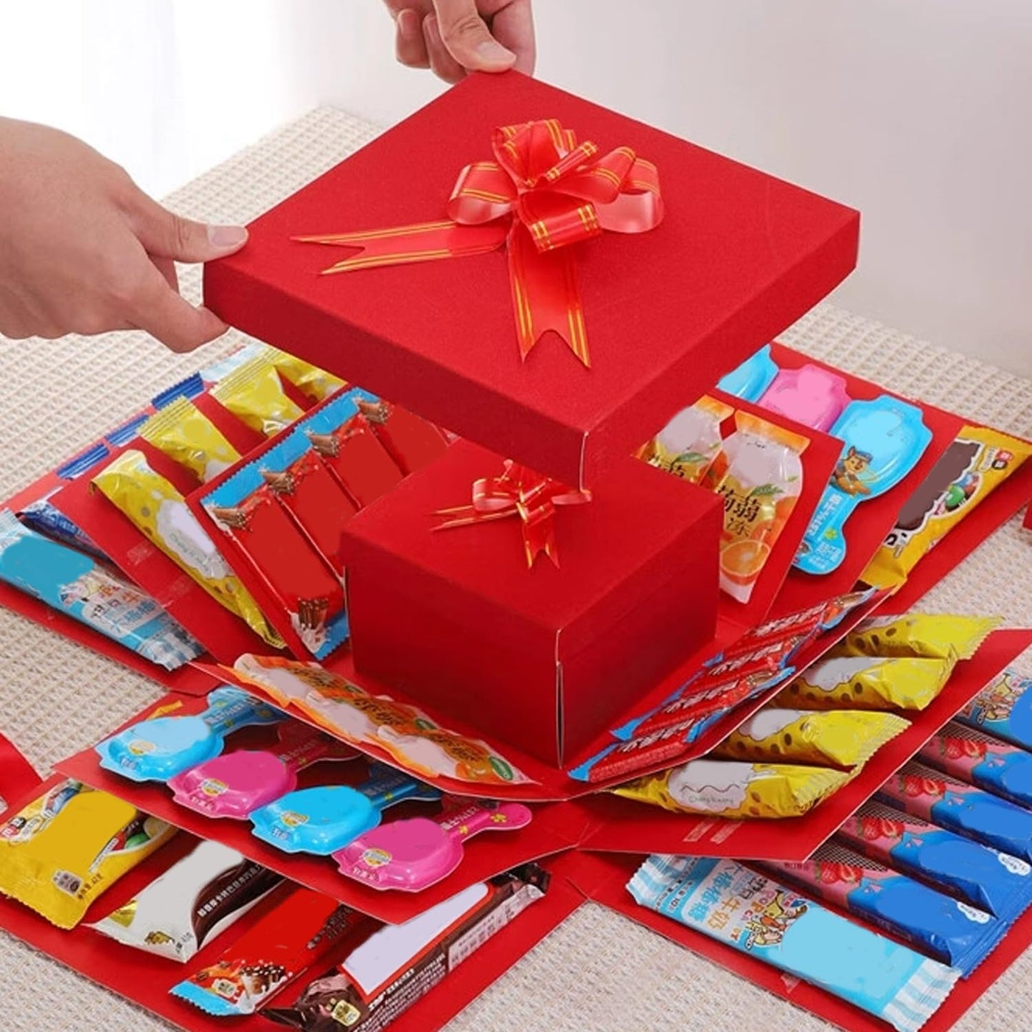 5-Layer creative explosion gift box, gift wrap box. Creating a 5-Layer of various gifts by yourself. An ideal, mysterious self-made gift for birthday, Christmas and anniversaries. (Red, Square)