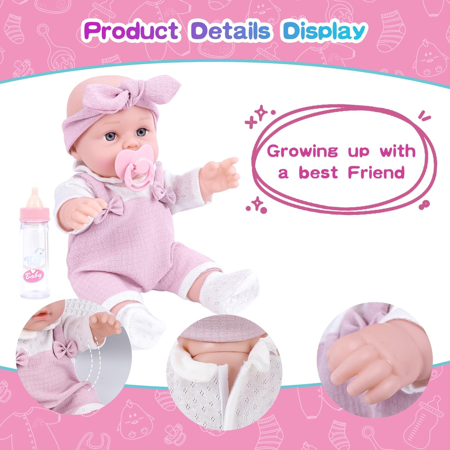 BDDOLL 12'' Baby Doll Playset with Clothes and Dolls Carrier Accessories Included Baby Carrier, Bottles, Nipple, Socks, Headbands