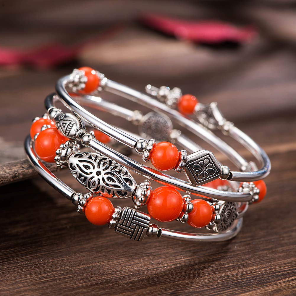 BULINLIN Layered Wrap Bangle Turquoise Bracelet - Bead Bracelet with Natural Agate Stone, Gifts For Women (08-Orange)