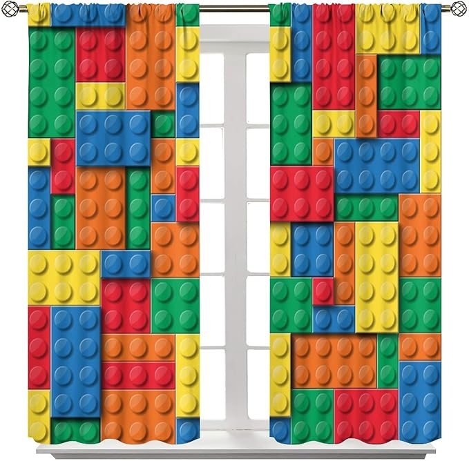 Building Block Toy Curtain Rod Pocket Children's Nursery Abstract Outline Colorful Toy Cartoon Theme Brick Geometric Print Curtain, Blackout Curtain for Boys and Girls Room 42x63in