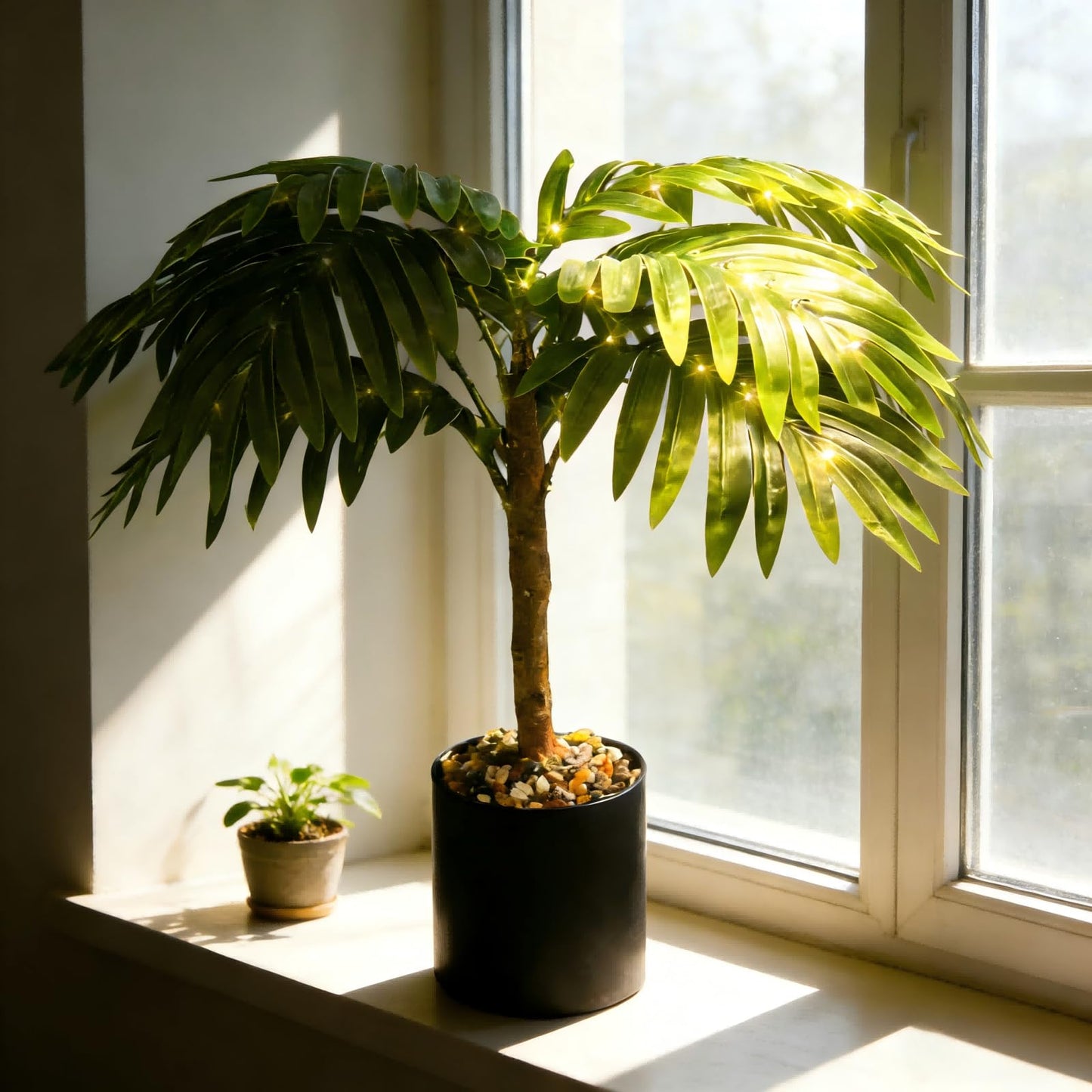 IJG 20'' Lighted Palm Tree Faux Plant with LED Lights - USB & Battery Box Powered - Artificial Palm Tree for Living Room, Home Decor, Indoor Decoration (Palm Leaf)