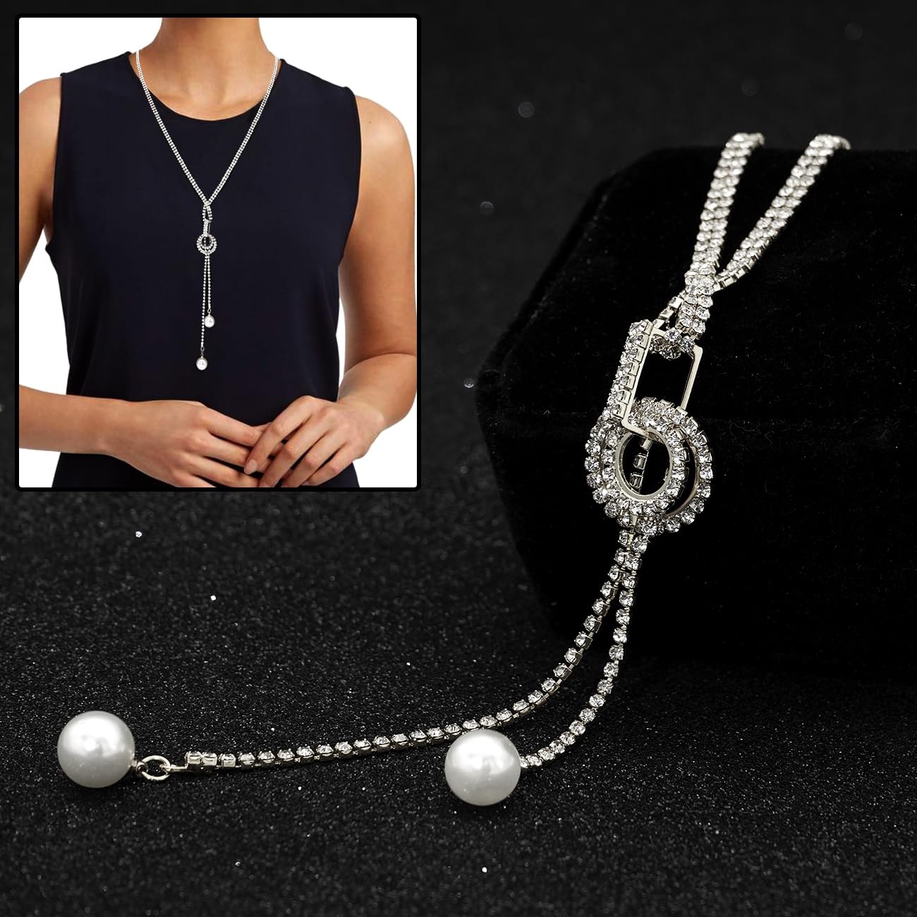 Suyi Trendy Crystal Long Necklace All-Match Style Shining Clothing Sweater Chain Pearl Silver 2