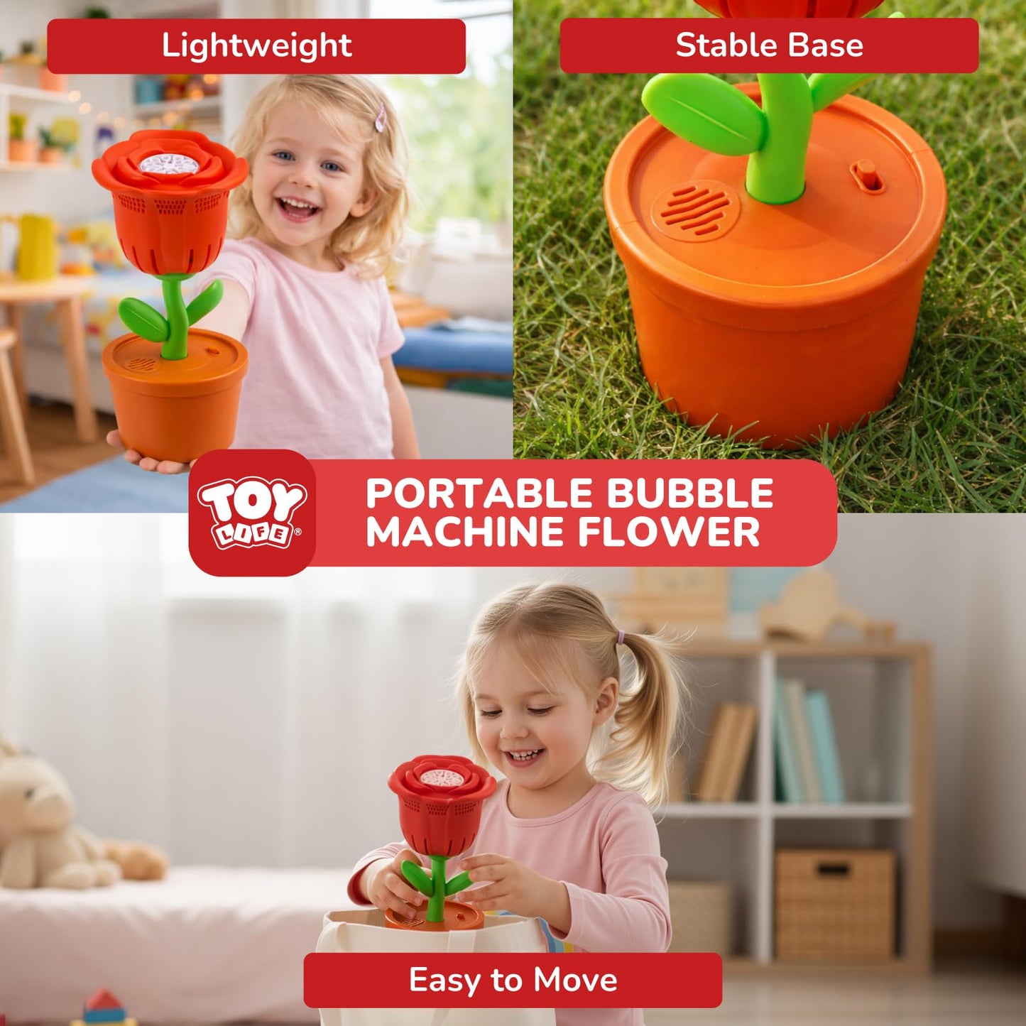 TOY Life Rose Bubble Machine with LED Lights and Music, Automatic Bubble Maker for Indoor Outdoor Birthday Parties, Easter, Wedding, Portable Battery Operated Bubbles Blower Gift for Girls Boys