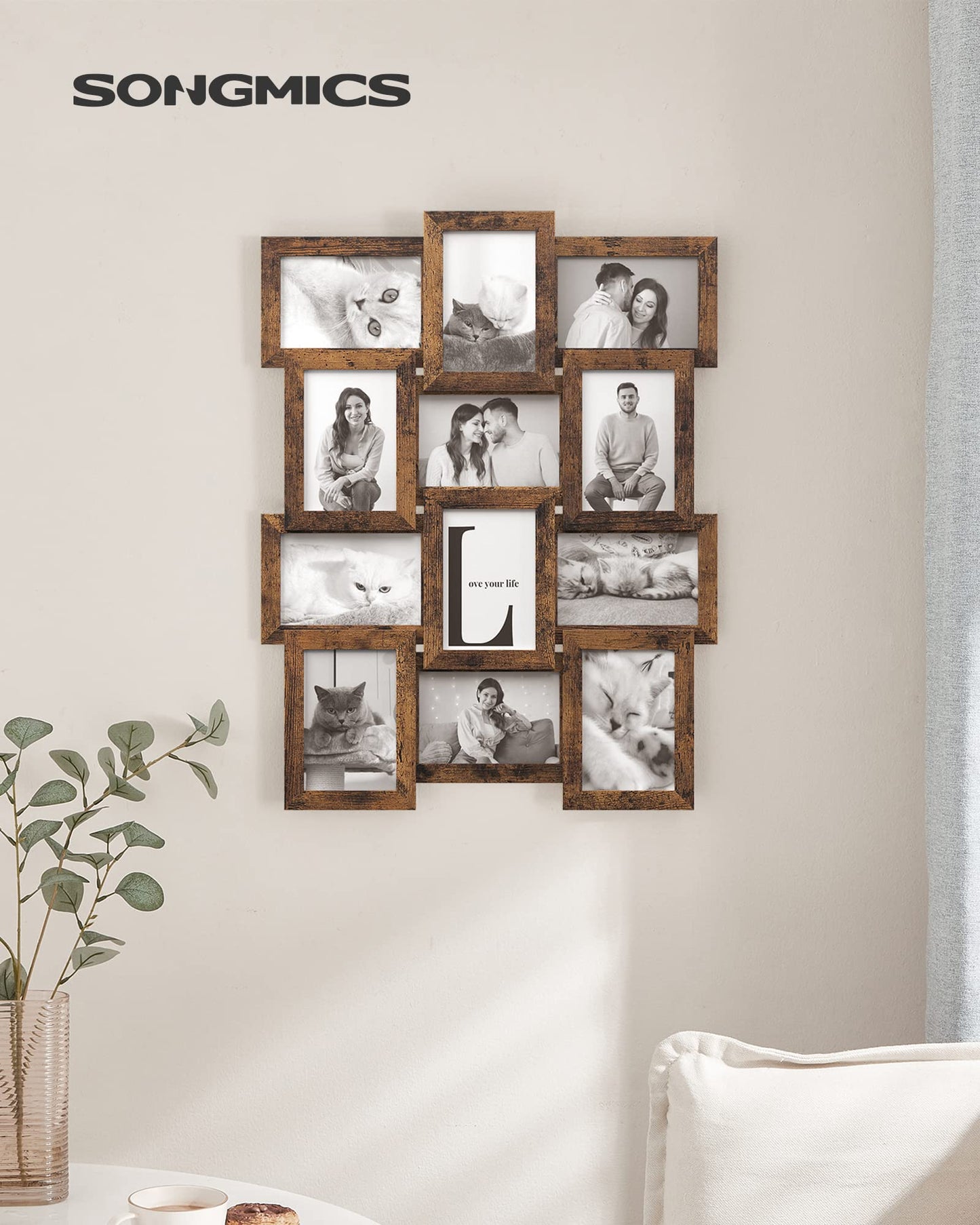 SONGMICS Collage Picture Frames, 4x6 for Wall Decor, Multi Family Photo for Gallery Decor, Hanging Display, Set of 12, Rustic Brown URPF026X01